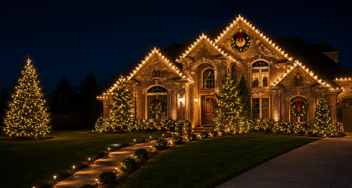 A DFW home with warm-white Christmas lights along the rooflines and wrapped trees at dusk.