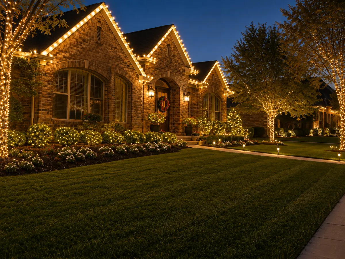 A large brick home outlined in warm Christmas lights with lit landscaping.