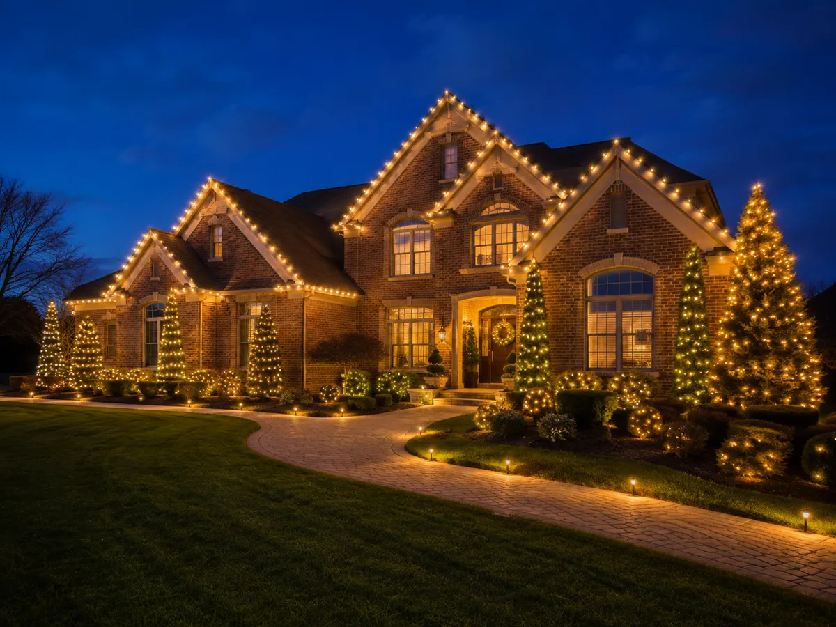 A two-story brick home with roofline lights and a lit Christmas tree in the front yard.