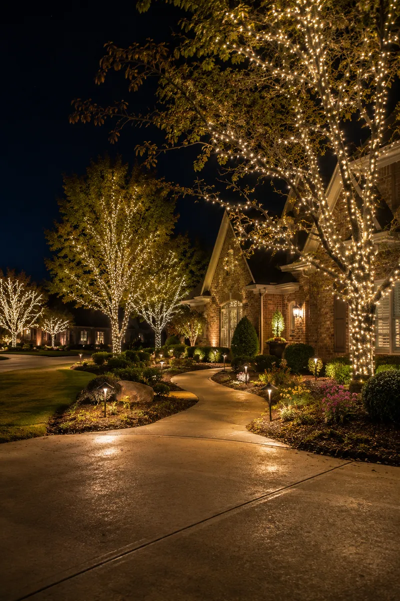 A large tree wrapped in warm string lights over a lit walkway at night.