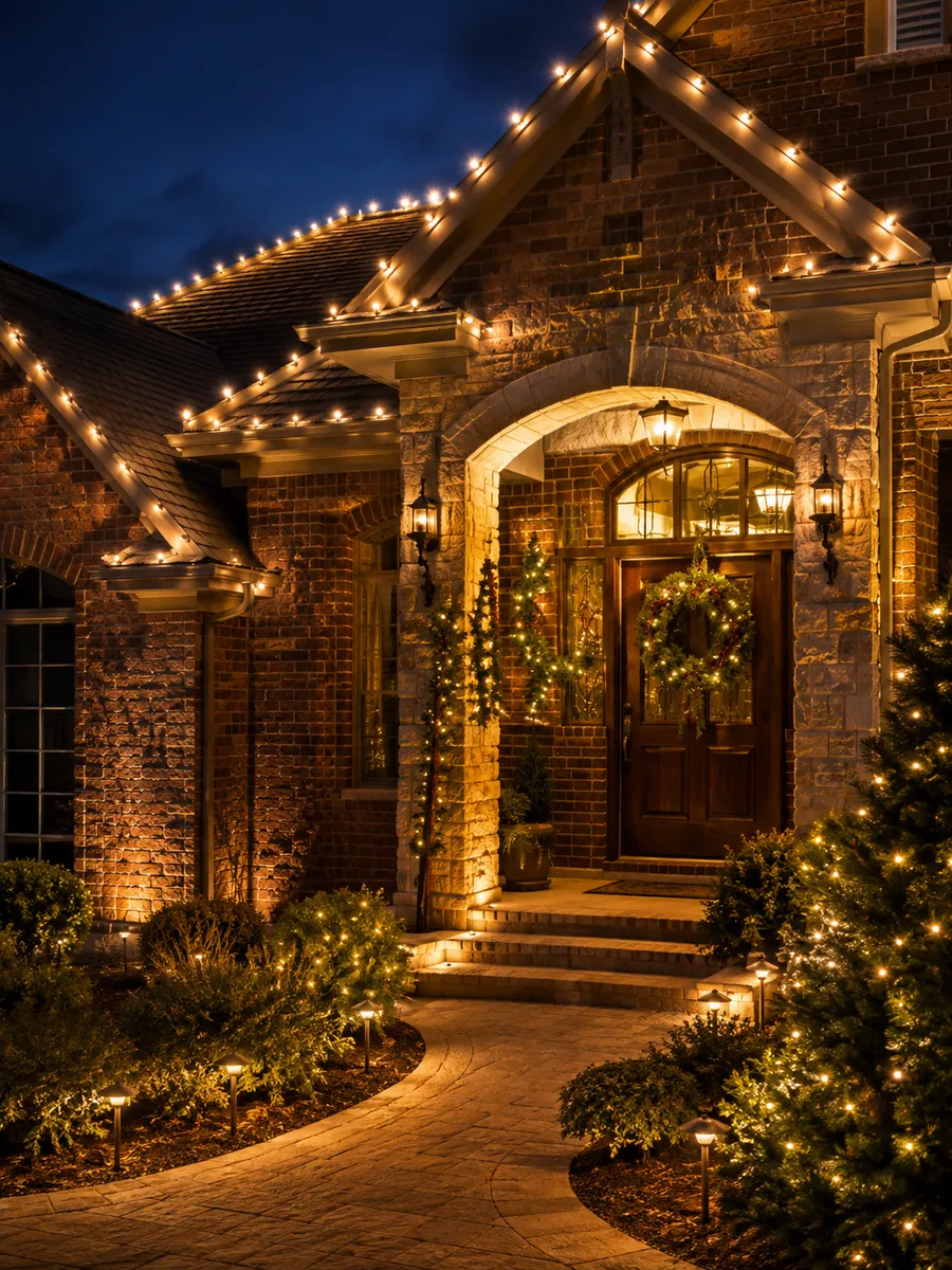 A home entry framed with garland and warm lights with wrapped trees beside the door.