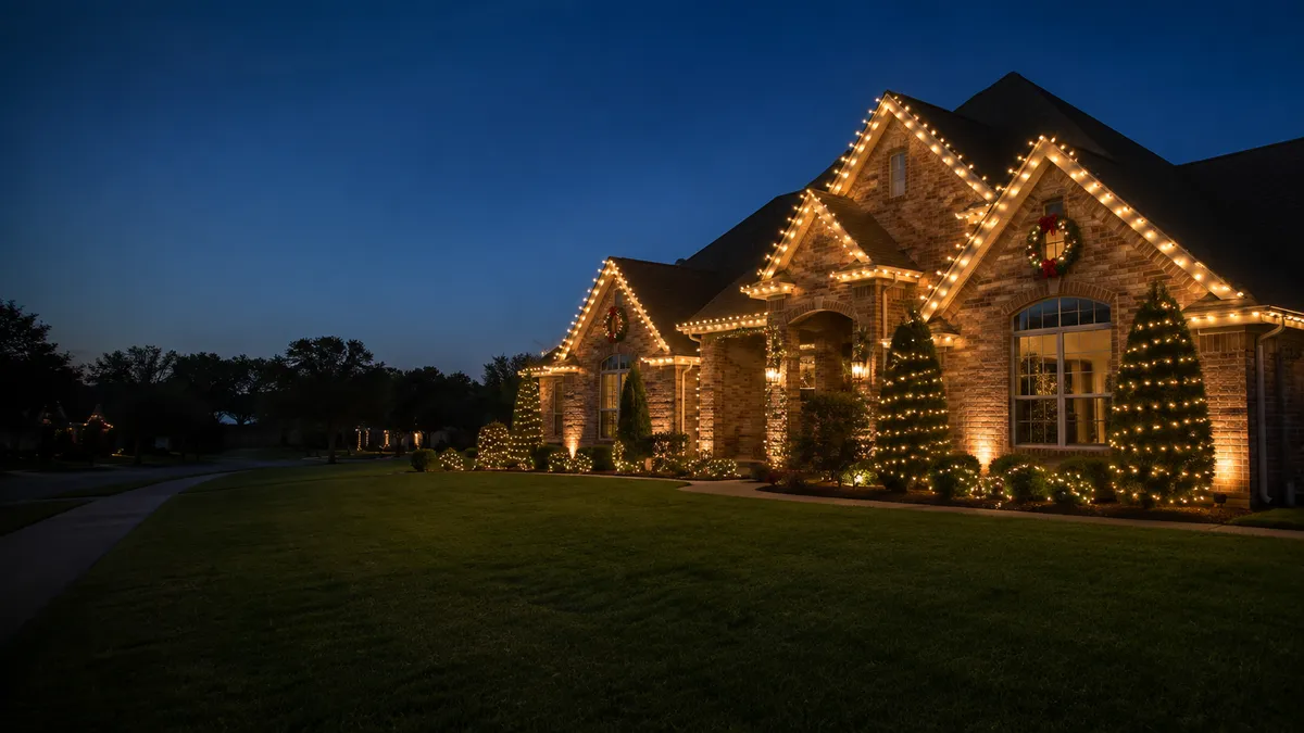 A home at blue hour with warm roofline lighting and lit trees.