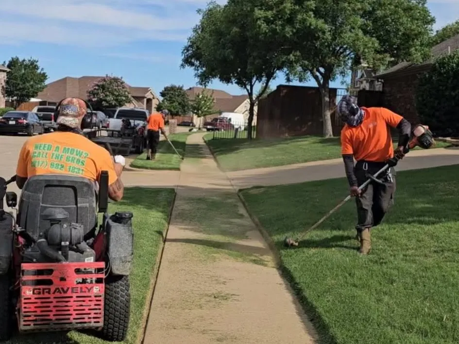 Brothers crew mowing and edging a front lawn, seen from behind in their Need a Mow? Call the Bros shirts.