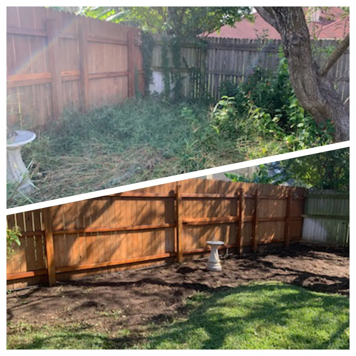 Before and after: an overgrown fence line cleared to a clean bed and lawn edge.