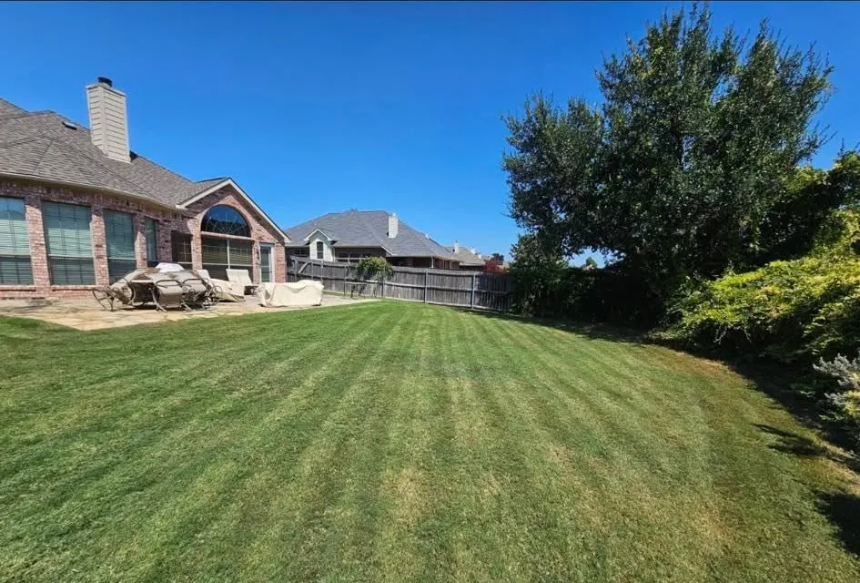 Front lawn mowed in clean diagonal stripes in front of a brick home.