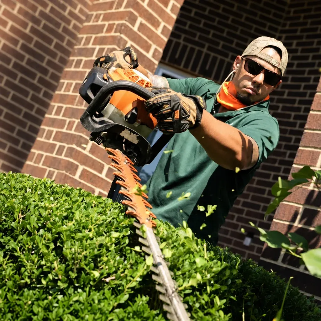 Brothers Lawn and Tree Service crew member trimming a hedge with a power hedge trimmer.