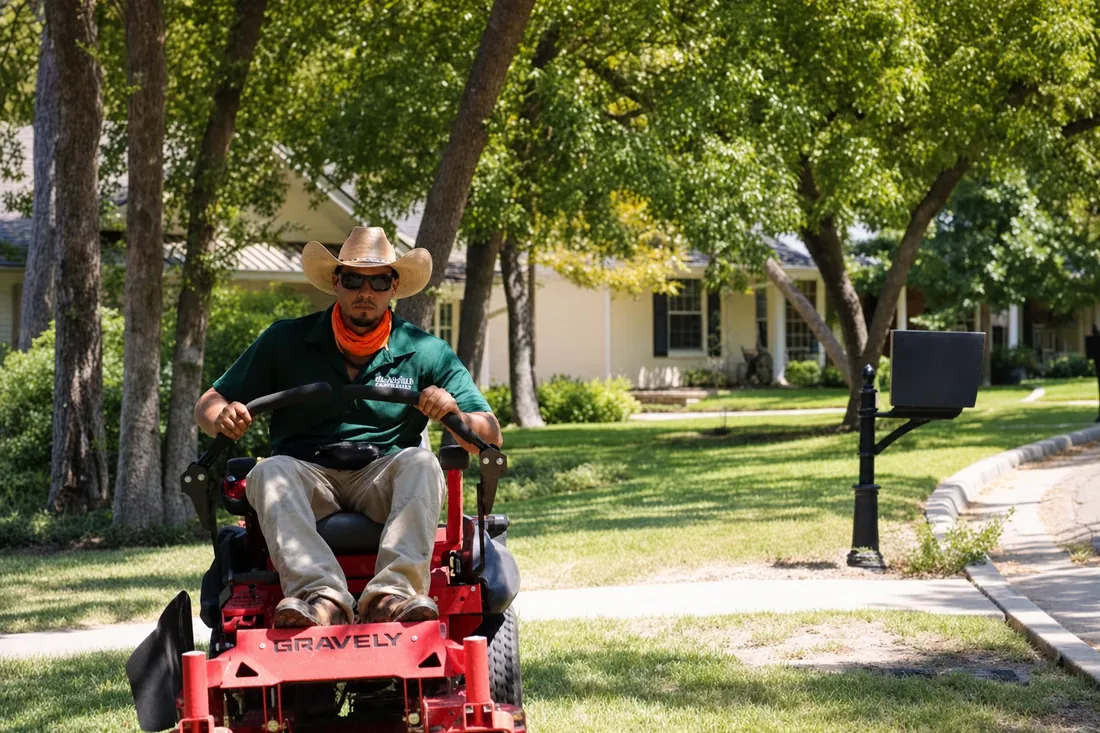 Brothers Lawn and Tree Service crew mowing a striped lawn on a zero-turn mower in the Arlington, TX area.