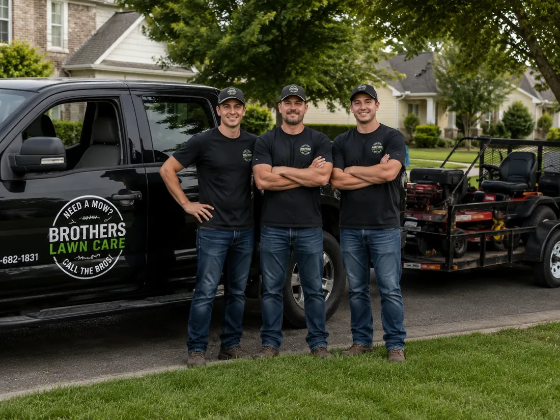Brothers Lawn and Tree Service crew and branded truck by Brothers Lawn and Tree Service in the DFW area.