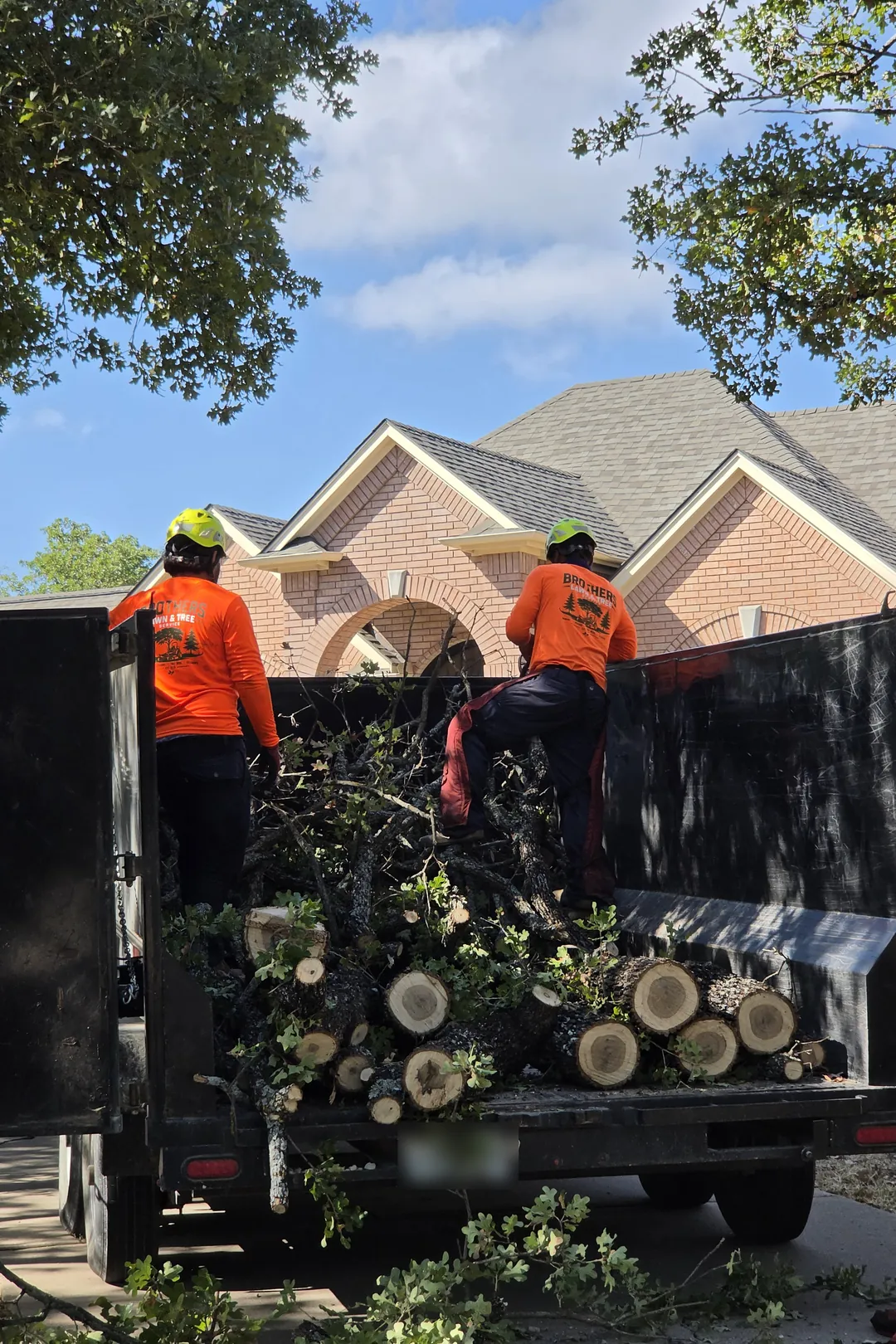 Two Brothers crew members loading cut log rounds and branches into a dump trailer in front of a brick home.